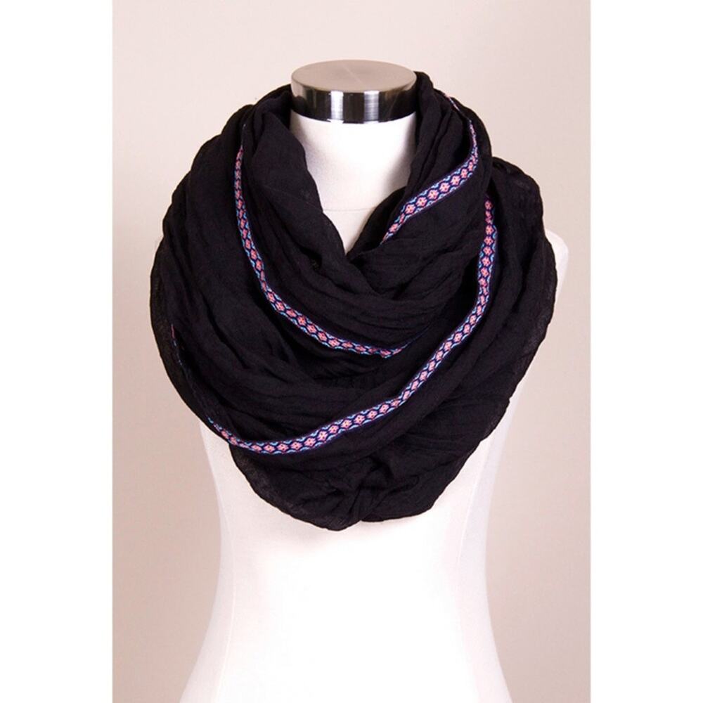 NEW NWT Boutique Solid Black Pink Aztec Trim Cowl Infinity Scarf